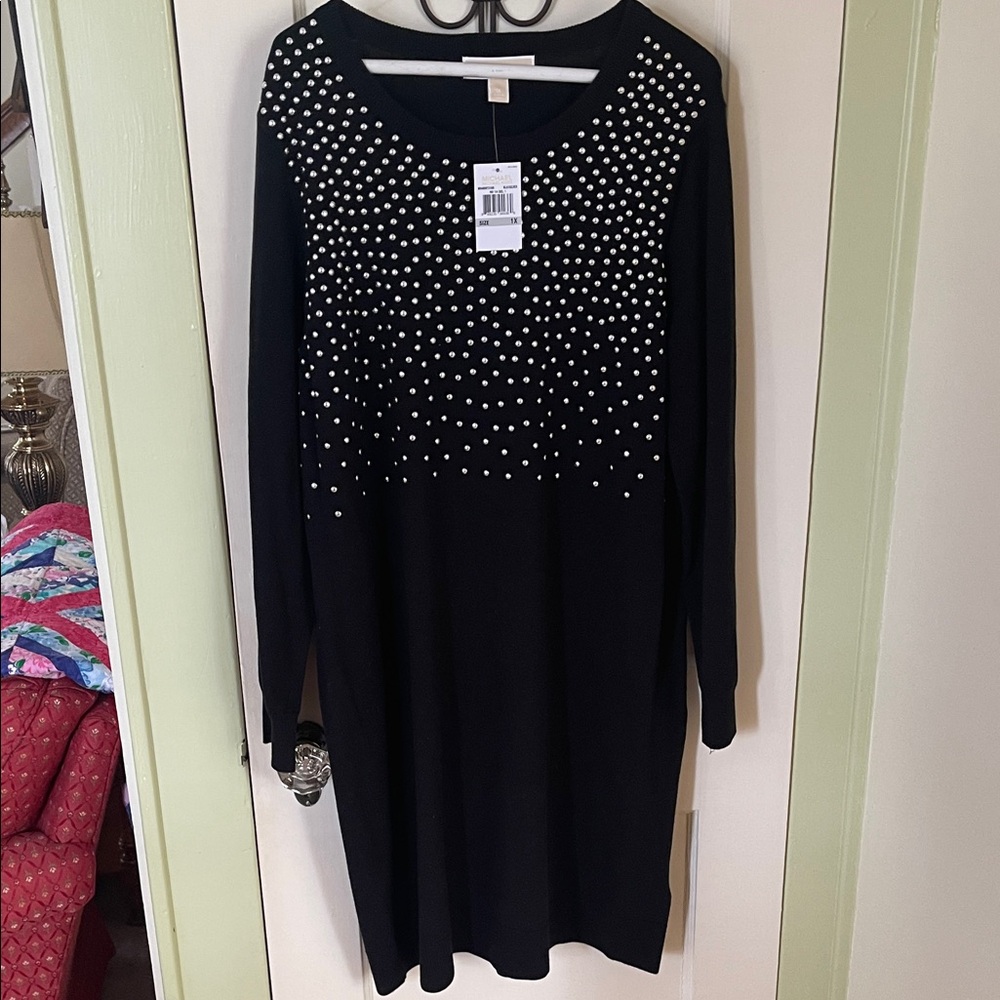 Michael Kors Winter Black Long-Sleeve Sweater Dress with Pearl Embellishment
